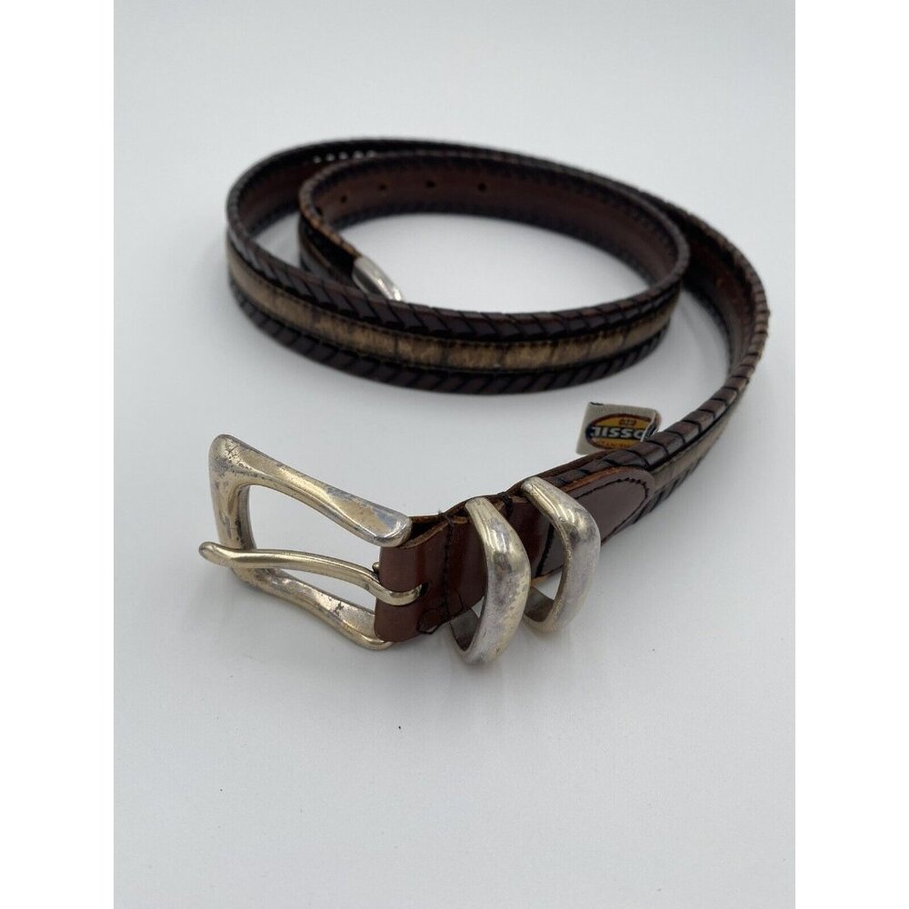 Fossil Mens Leather Belt Brown Woven Distressed 36 Silver Buckle 1 1/4" Wide